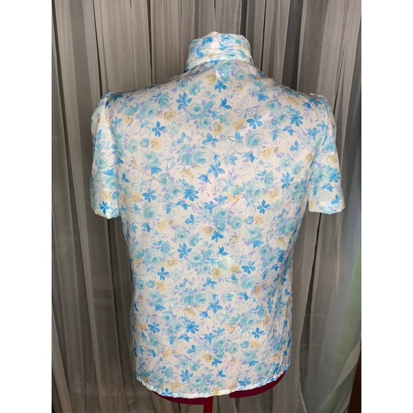 Blouse High neck watercolor floral 1980s blue yellow - Picture 3 of 8